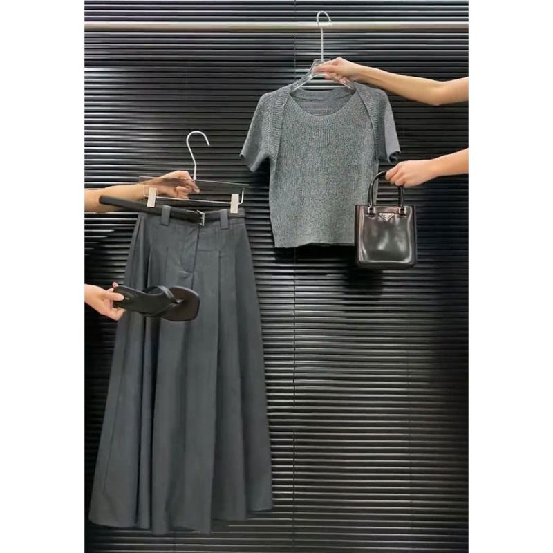 Jupe longue plissée à manches courtes pour femmes, mode coréenne, vêtements d'été, col carré, haut slim, ligne A, ensemble deux pièces