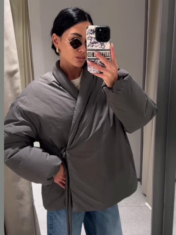 Manteau en coton à lacets gris décontracté pour femmes, col en V, poche de luxe, vestes optiques, rue chic féminine, vêtements d'extérieur assortis, automne, 2024