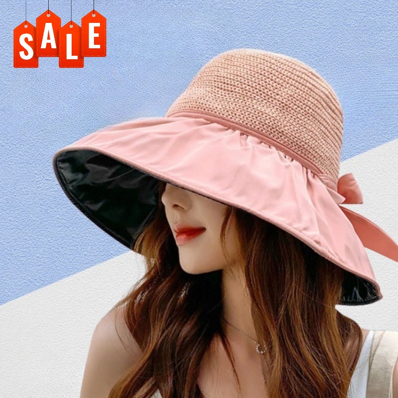 Chapeau de soleil d'été pour femme à large bord, protection UV, doublure occultante, visière à nœud papillon, chapeau de plage à large bord pour femme, pêche en extérieur