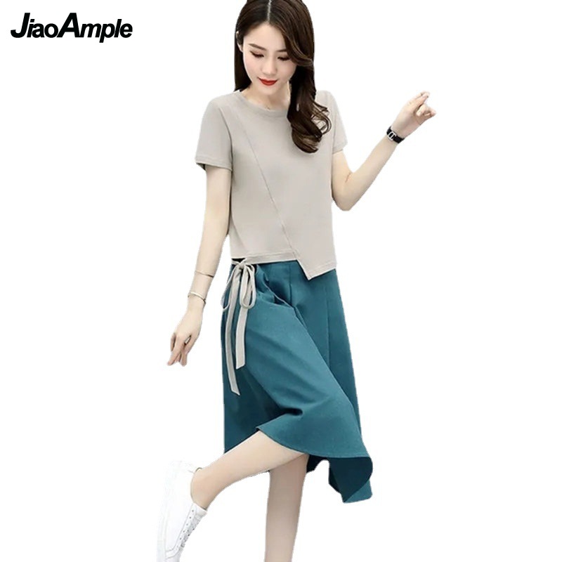 Ensemble t-shirt et jupe midi à manches courtes pour femmes, vêtements féminins élégants, mode coréenne, été, nouveau, 2025, 2 pièces