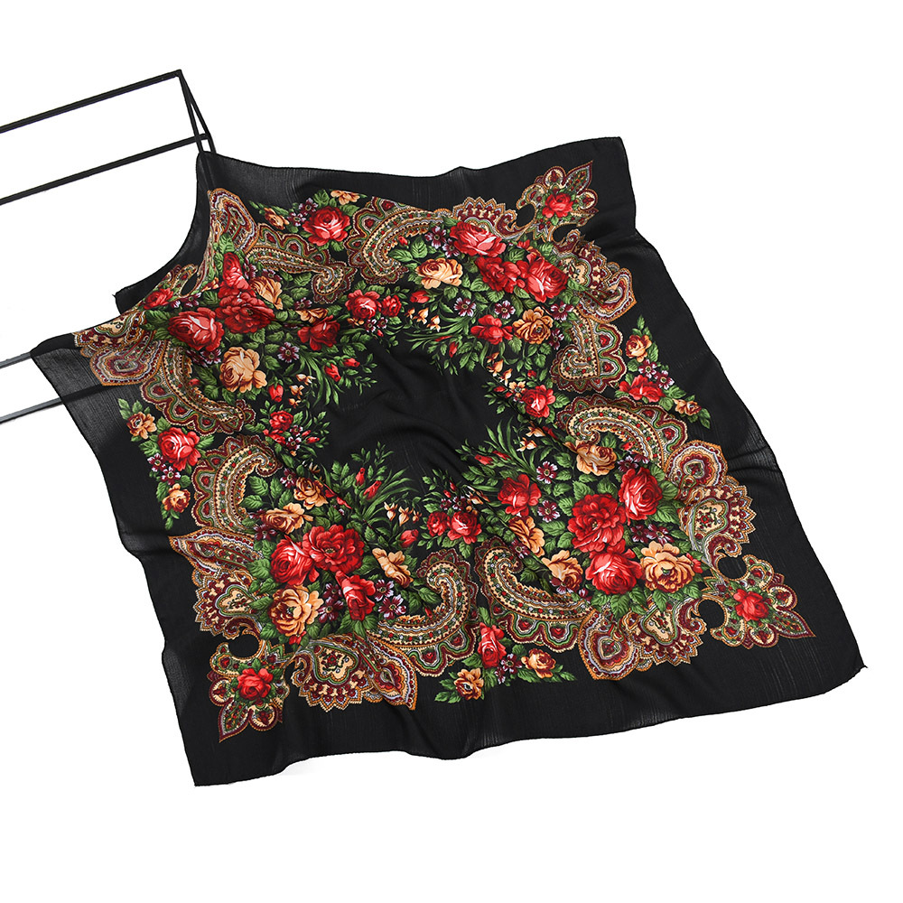 Foulard Russe pour Femme, Mouchoir, Bandeau Carré, Motif Floral Ethnique, Fleur, Foulard de Cou, Hijab, Capuche, Ukraine, 80x80cm