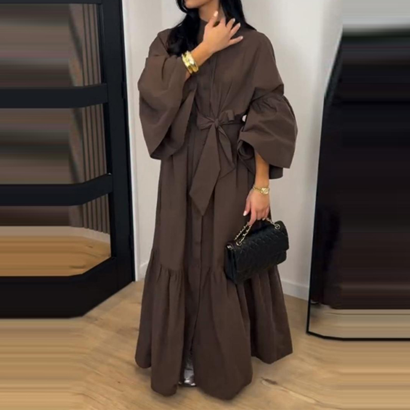 Robe longue plissée décontractée pour femme, style vintage, à manches lanternes, col rond, taille haute, avec boutons et lien, idéale pour le quotidien