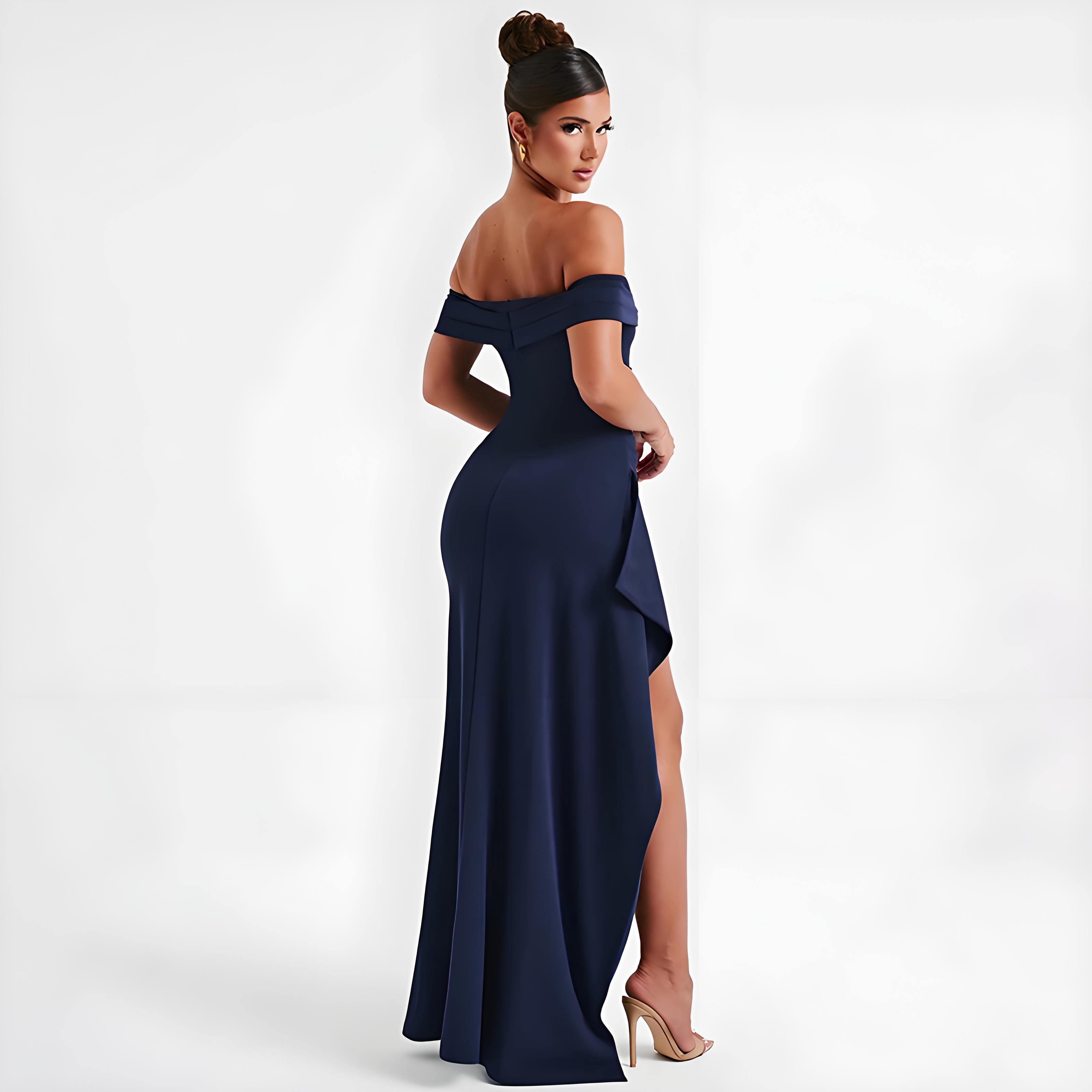 Robe de soirée élégante, couleur unie, épaules dénudées, robe longue sexy taille haute avec fente latérale pour femme, robe de soirée maxi formelle pour femme