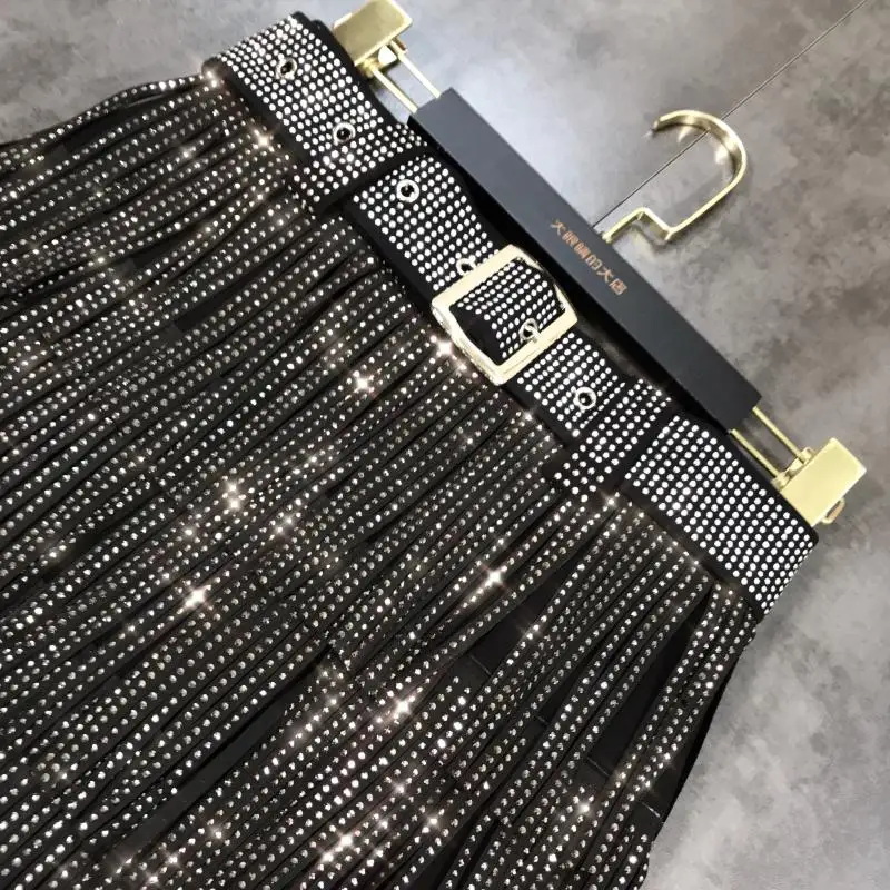 Ceinture taille haute multicouche pour femmes, courte, perçage lourd, strass, ceinture à franges, jupe gâteau, ligne A, Y2k, nouvelle collection automne 2025