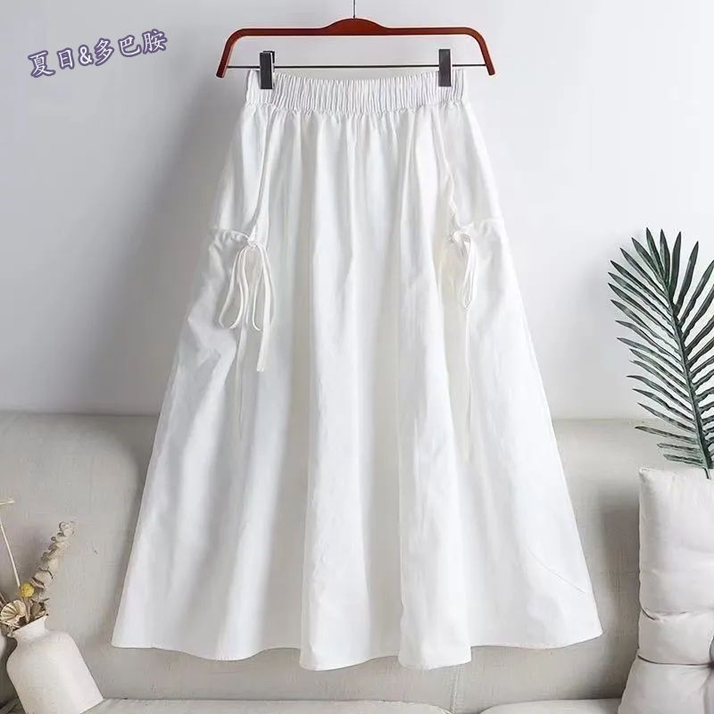 Jupe cargo d'été pour femmes, couleur unie, jupe mi-longue de style coréen avec poches, jupe de travail en forme de A pour étudiantes, jupe cargo pour femmes.