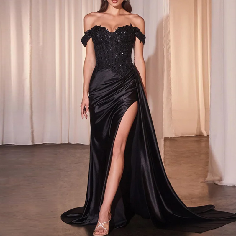 Robe de cocktail décontractée à manches courtes drapée et ajustée, élégante robe de soirée longue à sequins, robe de soirée sexy sans bretelles avec fente pour femme