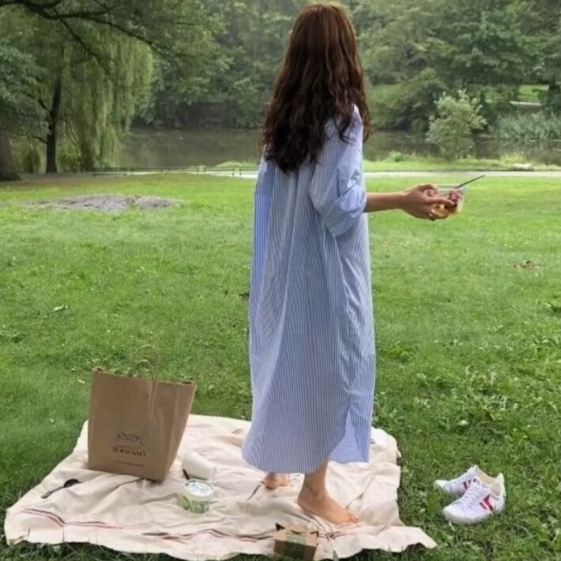 Robe chemise décontractée à manches longues pour femme, style vintage rayé, coupe ample, mode printemps-été