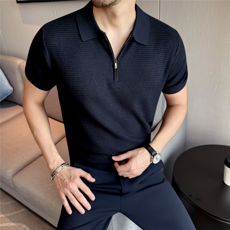 Polo d'été fin à manches courtes, demi-zip, couleur unie, coupe ample, décontracté, haut extensible et respirant, T-shirt tendance pour homme