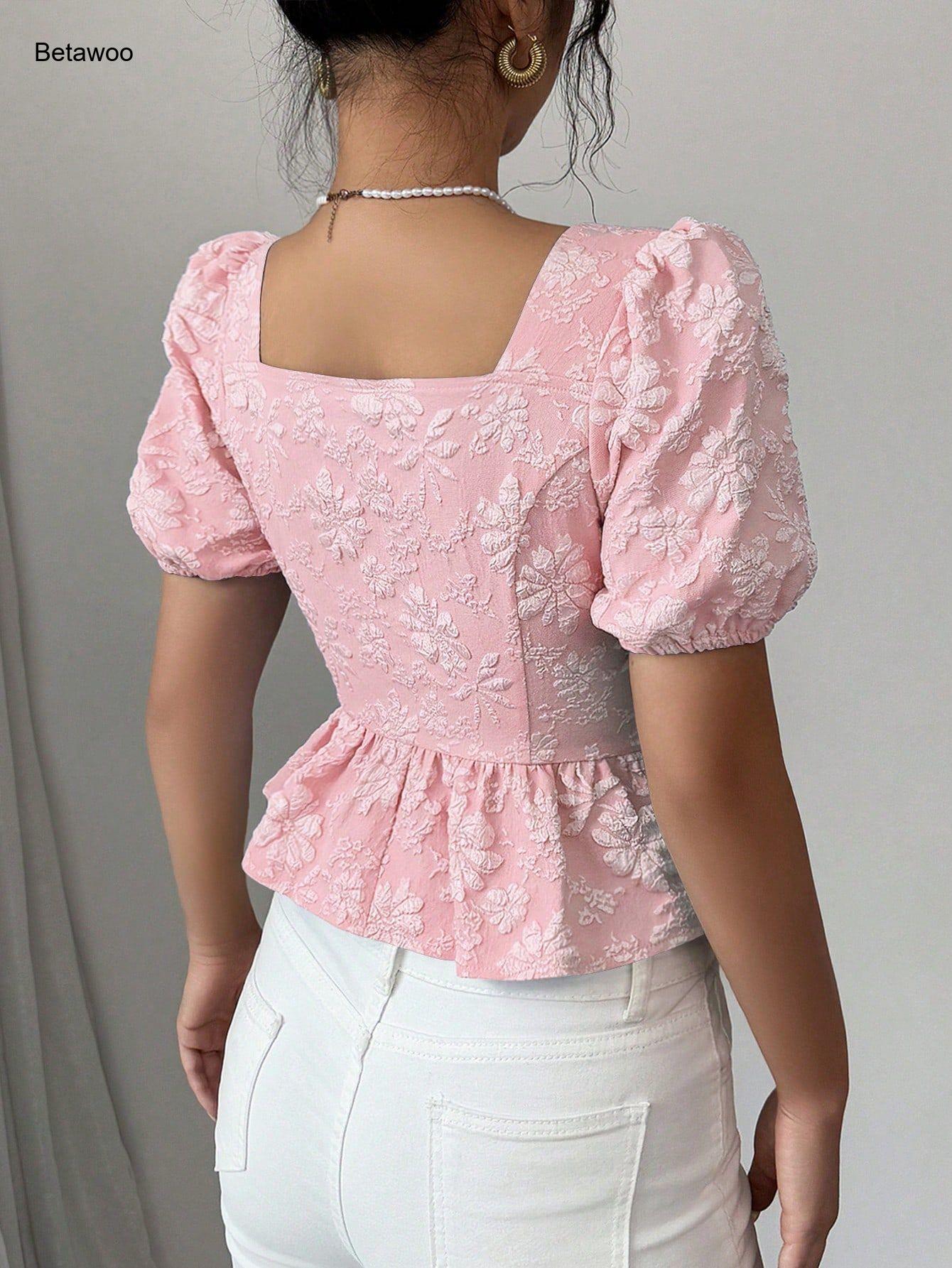 Chemisier rose à col carré, manches bouffantes, peplum, broderie florale, boutonné, pour femme