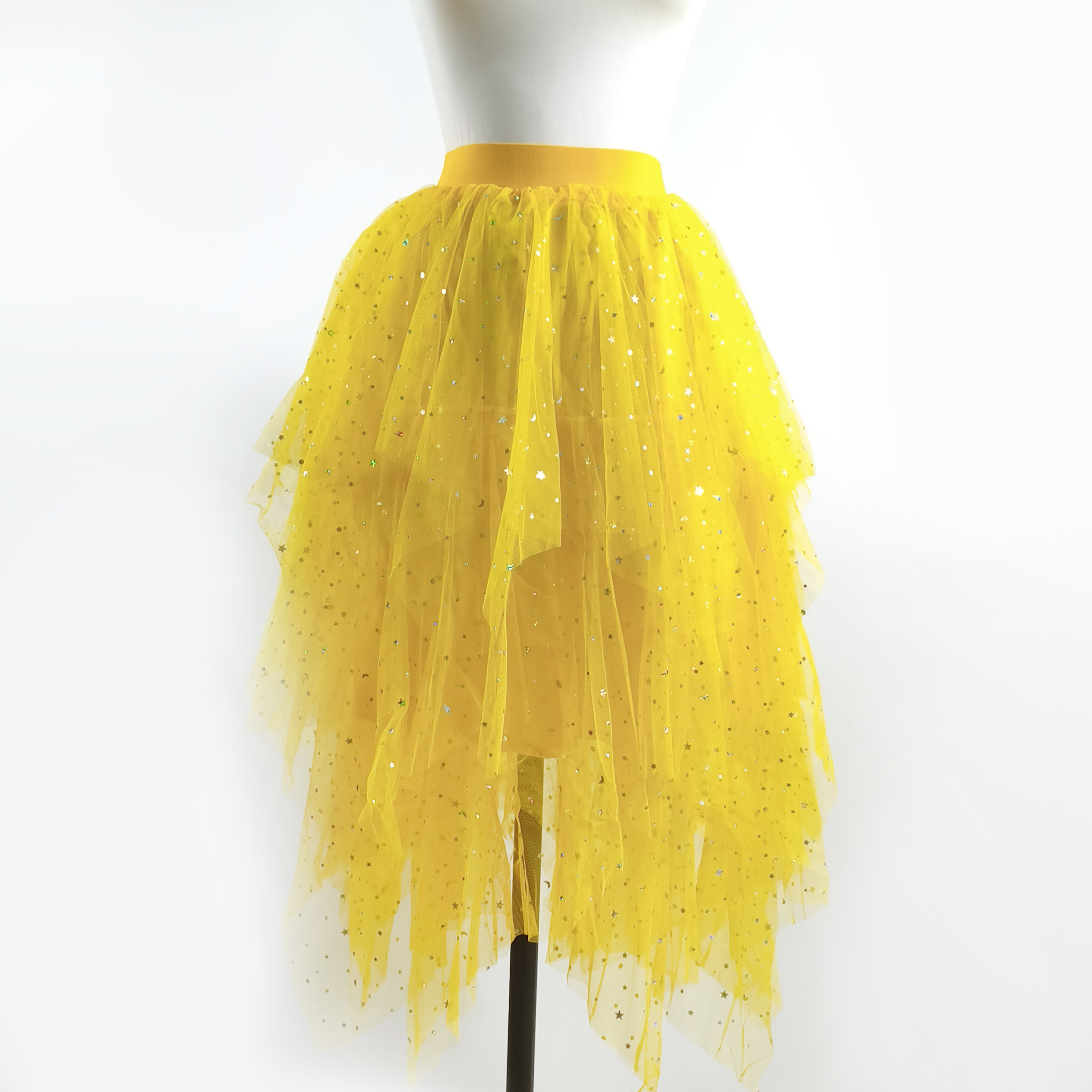 Jupe en tulle à sequins pour soirée de bal, jupe asymétrique à volants scintillante pour femme, jupe en tulle à volants pour spectacle de danse et fête