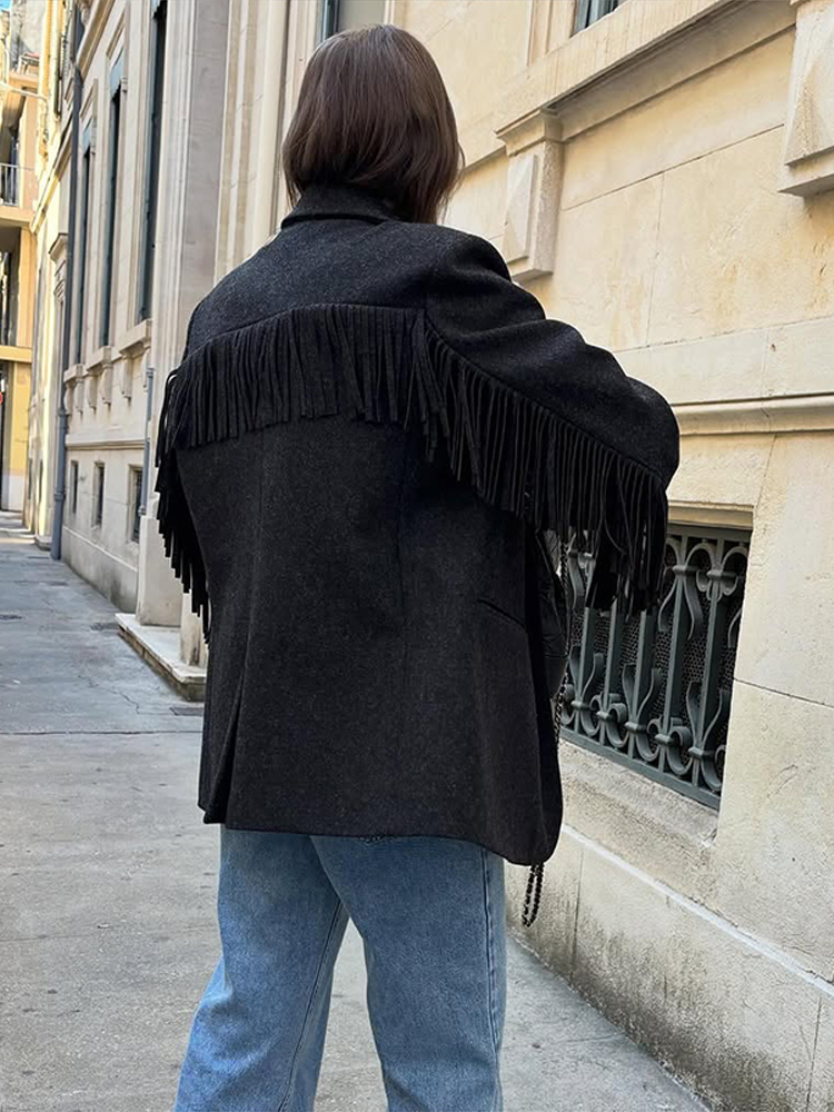 Femmes élégantes Blazer manteau col rabattu manches longues gland solide épais chaud veste femme 2026 printemps bureau dame vêtements d'extérieur