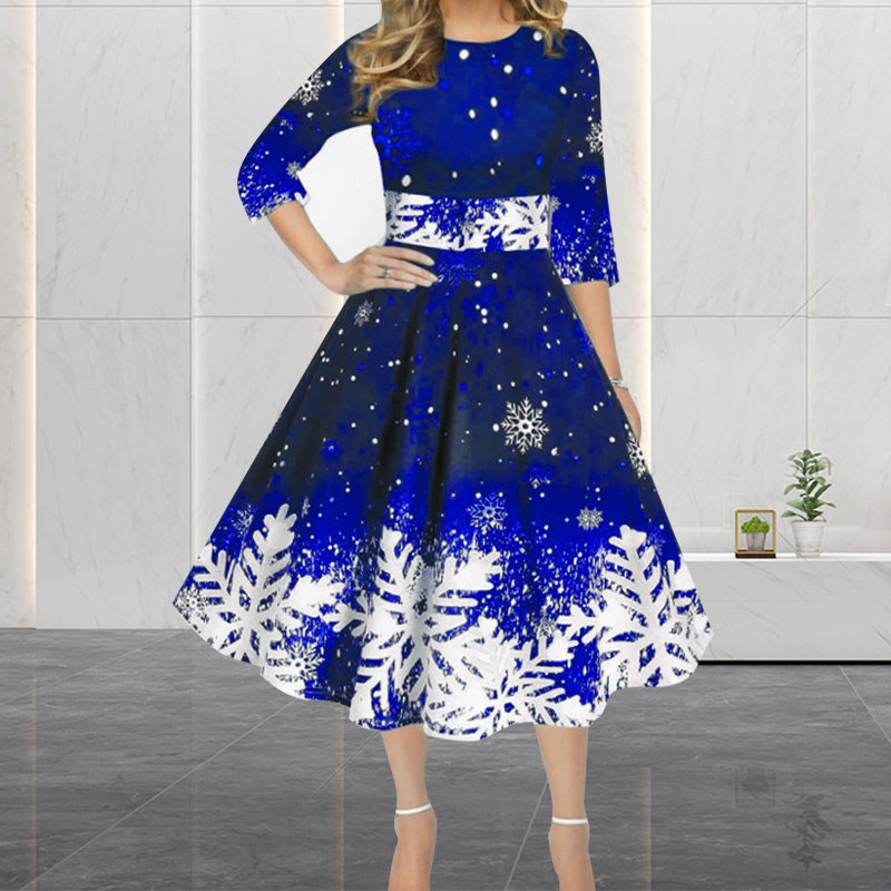 Robes de noël d'hiver pour femmes, Vintage, balançoire, élégante, demi-manches, décontractée, imprimée, Robe de soirée