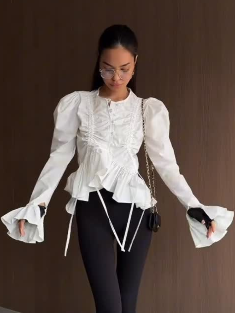 Chemisier plissé uni décontracté à volants pour femme, manches bouffantes courtes, simple boutonnage, collection Printemps-Été 2026