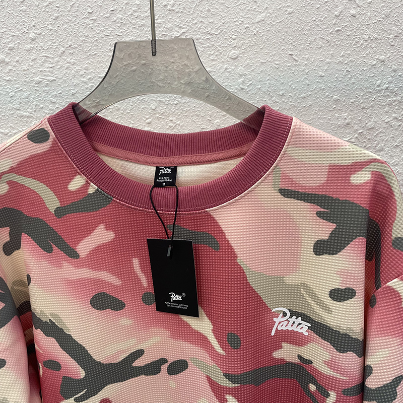 Hommes femmes Couple décontracté rose Camouflage Patta à manches longues T-Shirt de qualité supérieure confortable Base de gaufre T-Shirt avec étiquettes