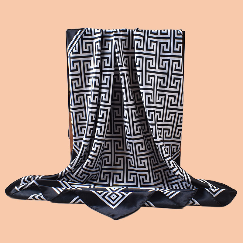1 pièce Foulard carré en satin à imprimé lettres géométriques pour femme, accessoire de mode printemps, peut être utilisé comme ceinture, sac décoratif ou bandeau en soie
