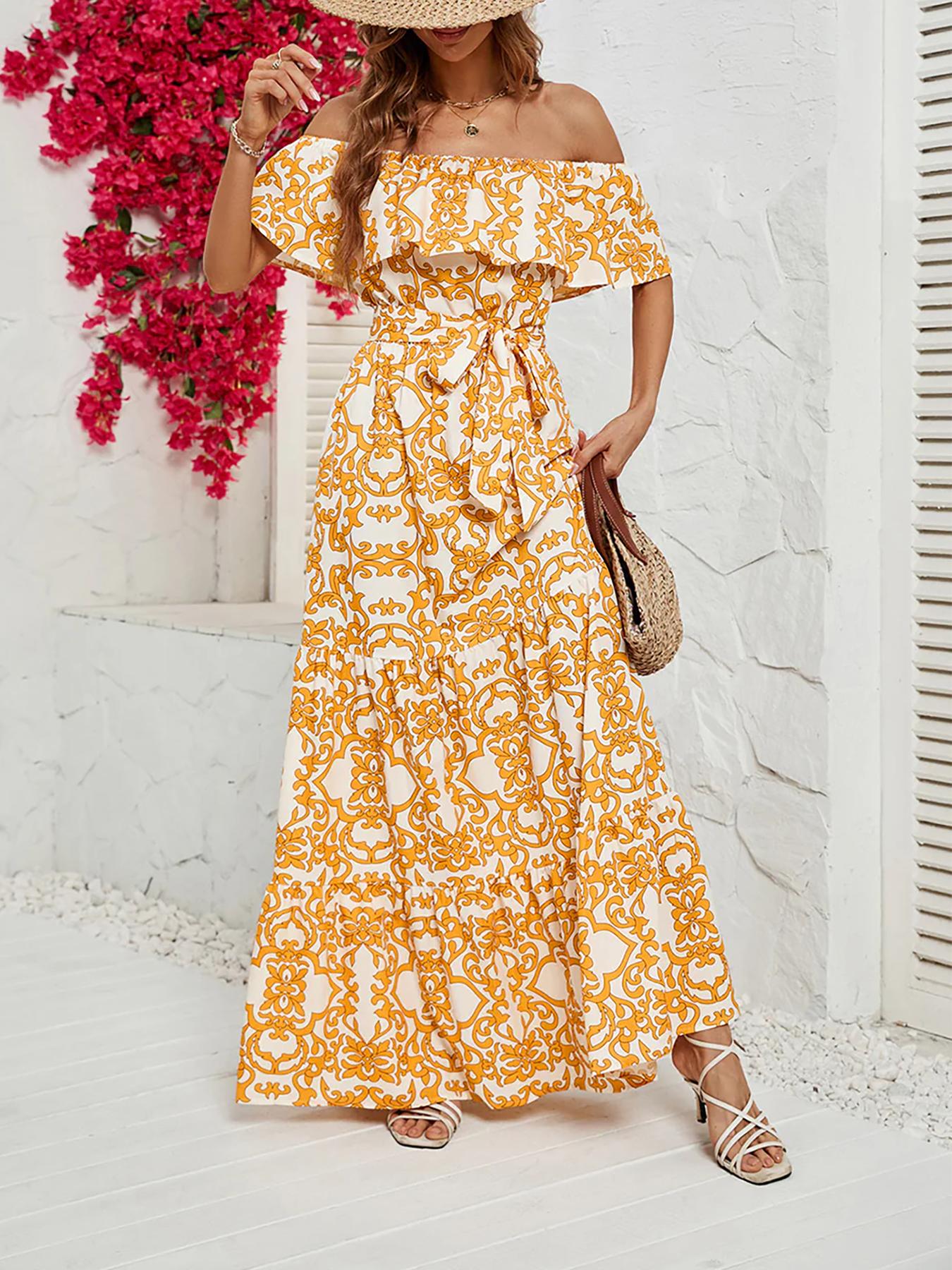 Robe longue décontractée à imprimé floral pour femmes, coupe trapèze, avec ceinture et poches, adaptée à toutes les saisons