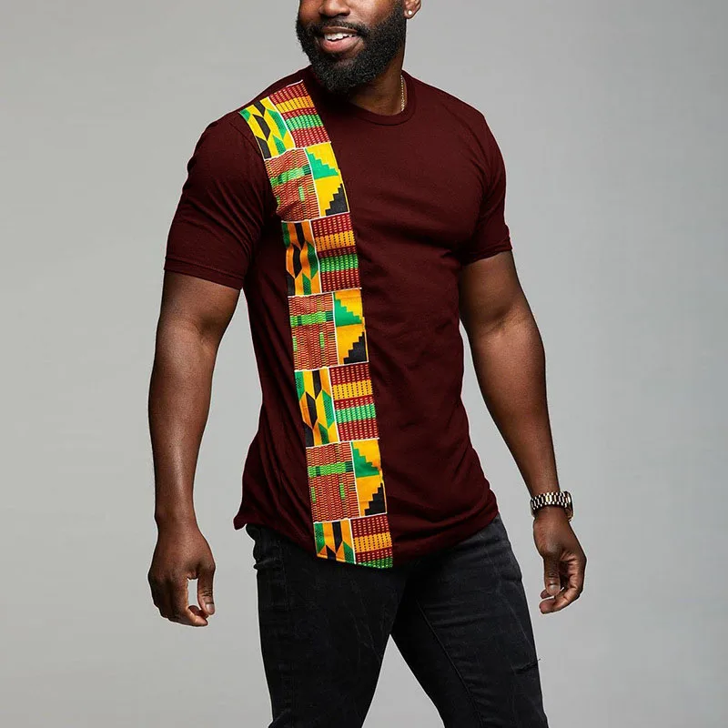 T-shirt Africain à Manches Courtes et Col Rond pour Homme, Vêtement avec Patchwork de Documents Imprimés, Style Ankara, Noir