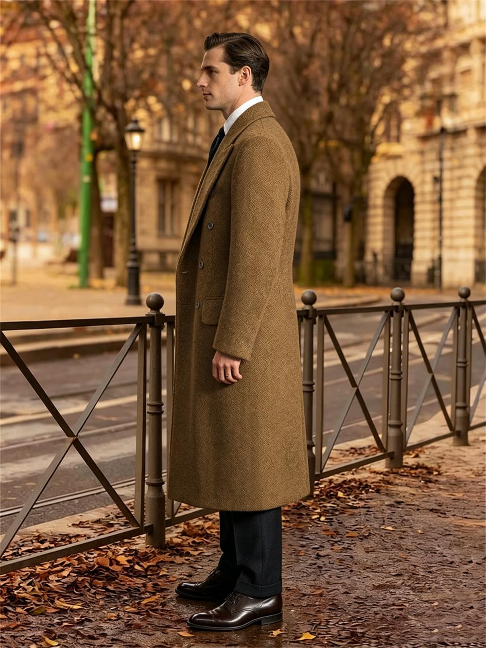 Manteau long homme classique en chevron rétro pour l'hiver et l'automne, mélange de laine, style simple, coupe ajustée, manteau polyvalent pour les loisirs et les affaires
