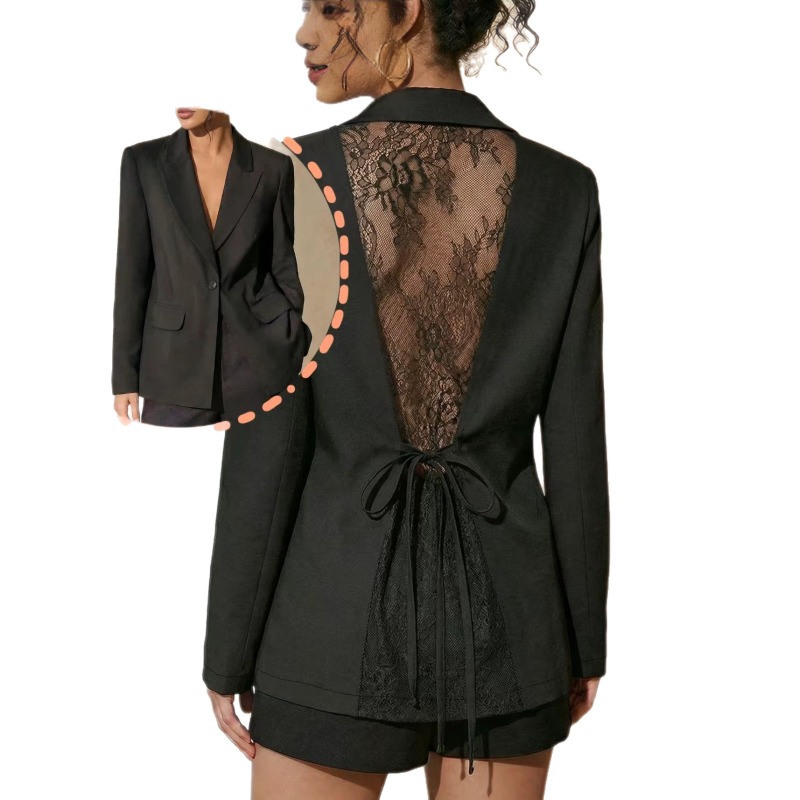 Blazer noir pour femme, avec laçage au dos, détails transparents, taille ajustable par la ceinture, manches longues, veste de costume.