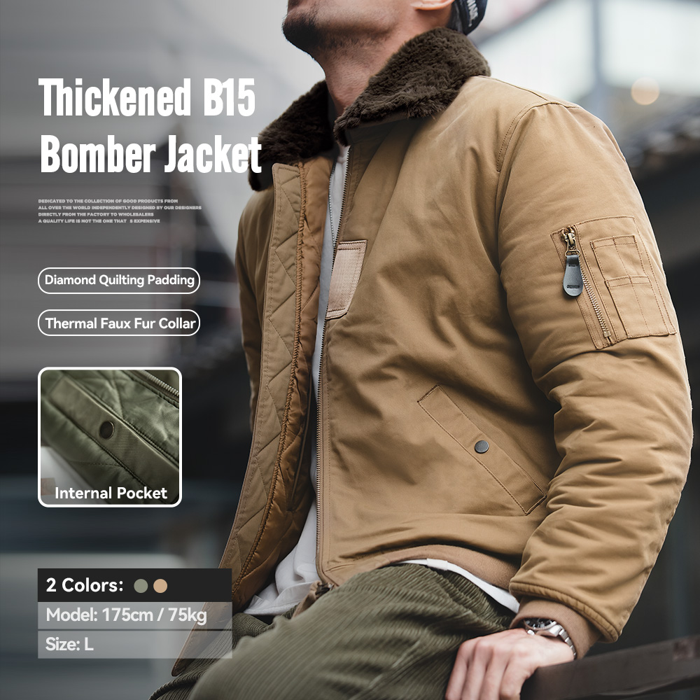 Maden hommes Vintage B-15 Bomber veste vert kaki fausse fourrure de lapin col épais rembourré manteau d'hiver chaud coupe-vent fermeture éclair Parka