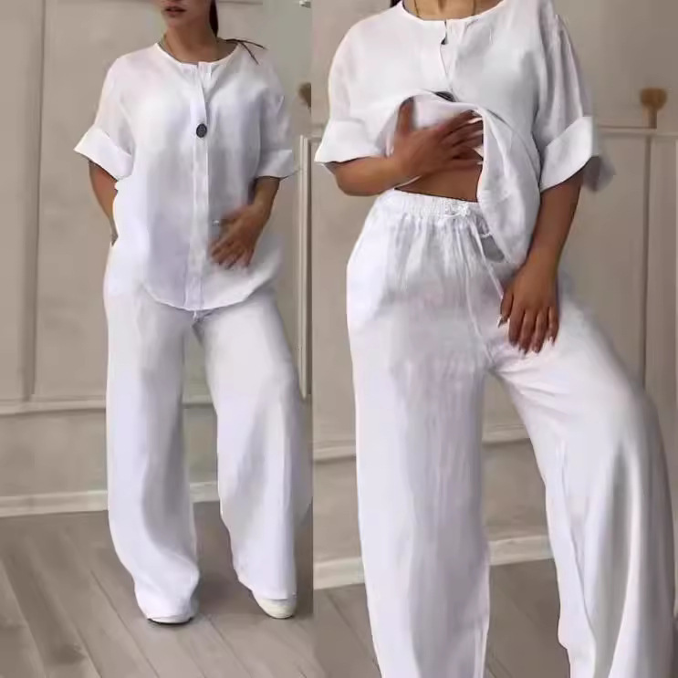 Ensembles musulmans femmes 2 pièces costume chemise pantalon à jambes larges tenues 2025 Ensemble bouton à lacets taille élastique Blouse pantalon droit