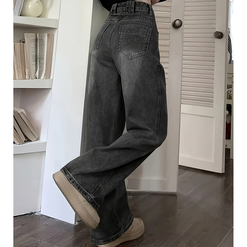 Jean taille haute pour femme, streetwear, designer, jambe large, gris classique, gothique, pantalon droit, mode