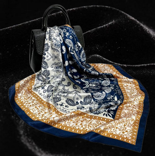 Foulard carré vintage en satin et rayonne, motif cachemire floral, tendance et polyvalent pour femme