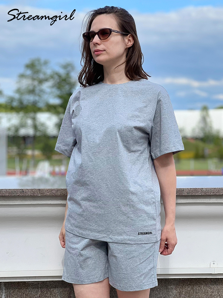 Ensembles de shorts blanc cassé pour femmes, tenues d'été, shorts et t-shirts en coton surdimensionnés, ensembles deux pièces pour femmes