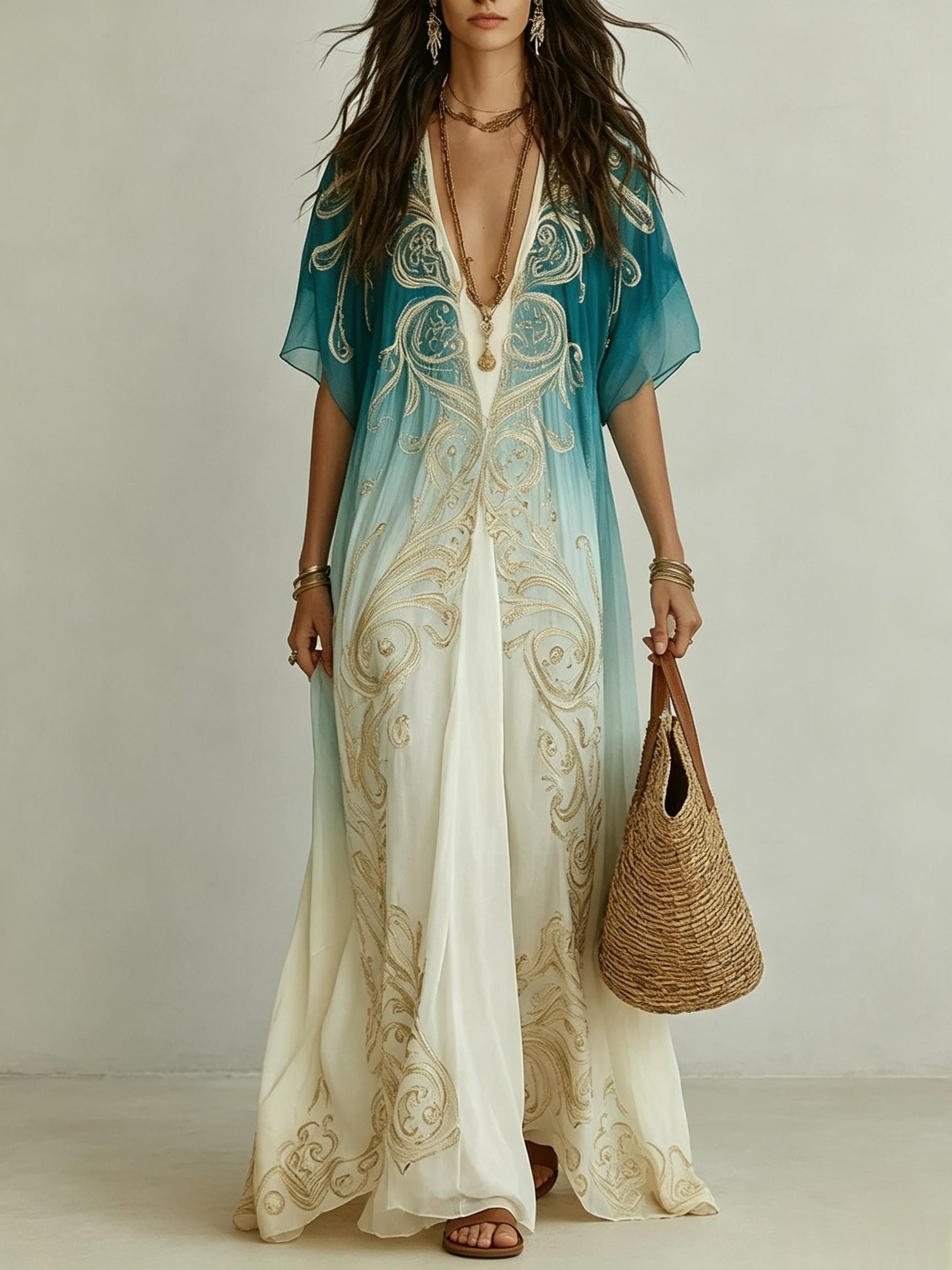 Robe élégante pour femmes en mousseline de soie, imprimé dégradé rétro, col en V profond, double couche, fluide, décontractée, style bohème, vêtements d'été