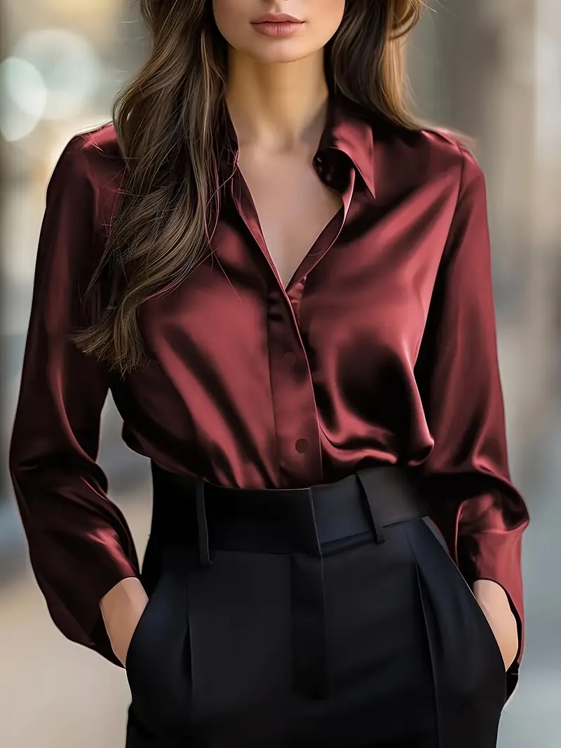 Chemisier élégant à manches longues en satin noir pour femme, chemise à col boutonné, parfait pour un usage décontracté ou professionnel