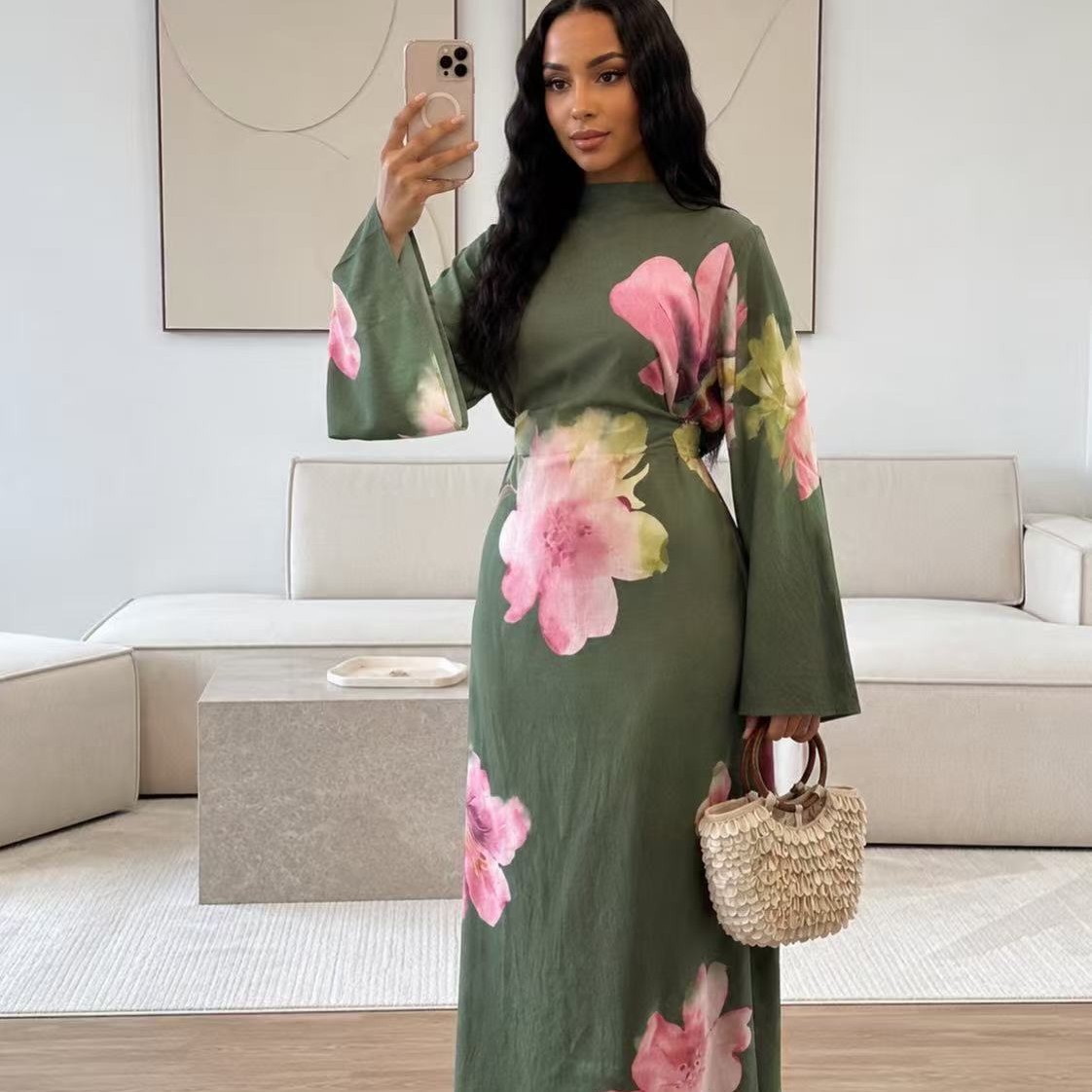 Robe Abaya Florale d'Été pour Femme avec Ceinture à Nouer Manches Longues Élégante Modeste Kaftan Musulman Tenue de Luxe Dubaï pour l'Aïd 2026