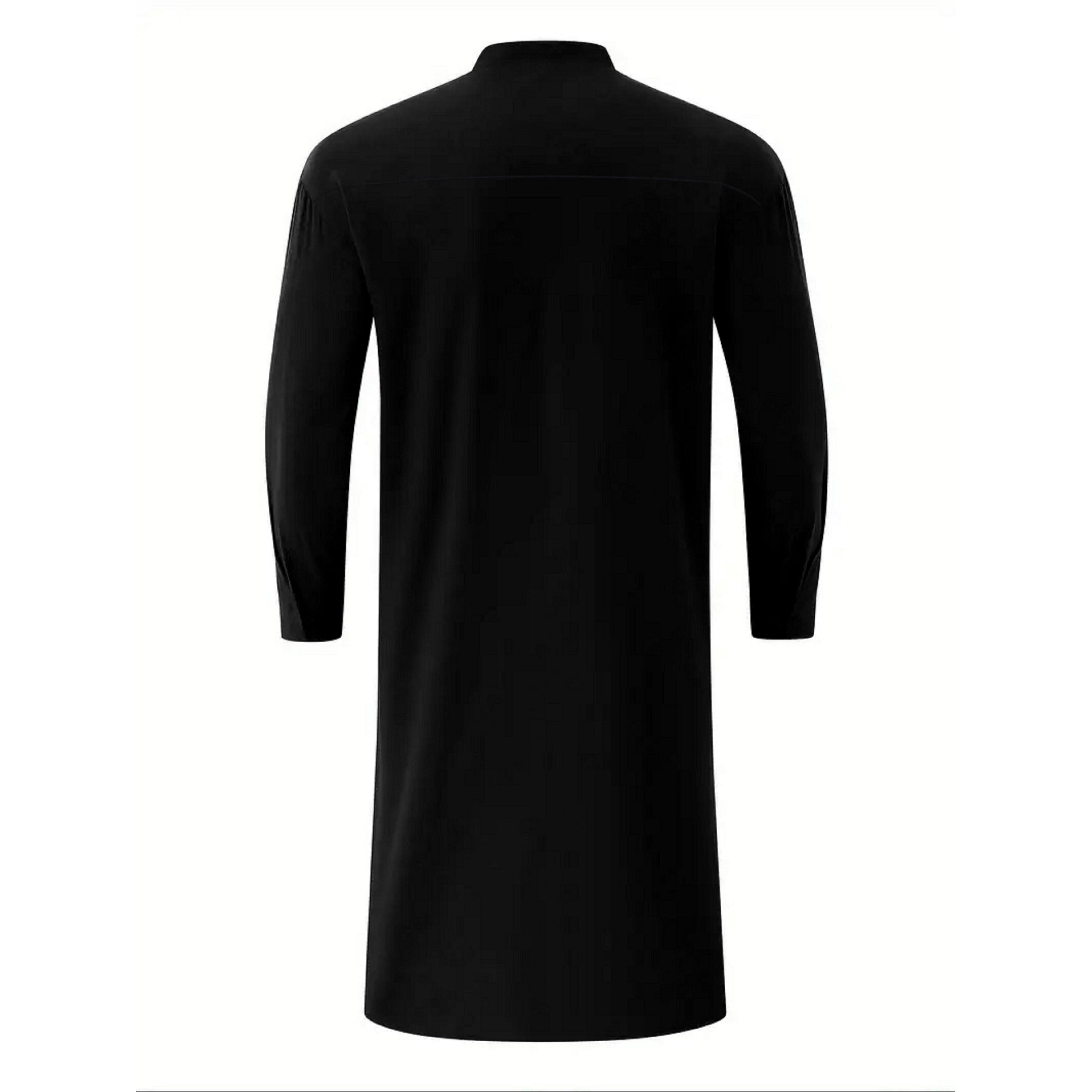 Robe musulmane noire à col montant pour hommes, mi-longue, personnalité décontractée, mode, chemise de couleur unie, vêtements traditionnels pour hommes