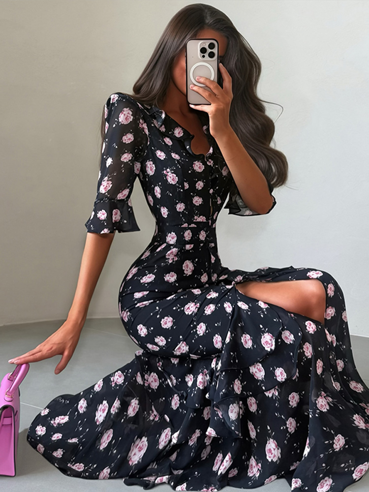 Robe longue en mousseline imprimée florale pour femme, col en V, manches mi-longues, ourlet à volants, collection été 2026, sexy, ajustée et chic