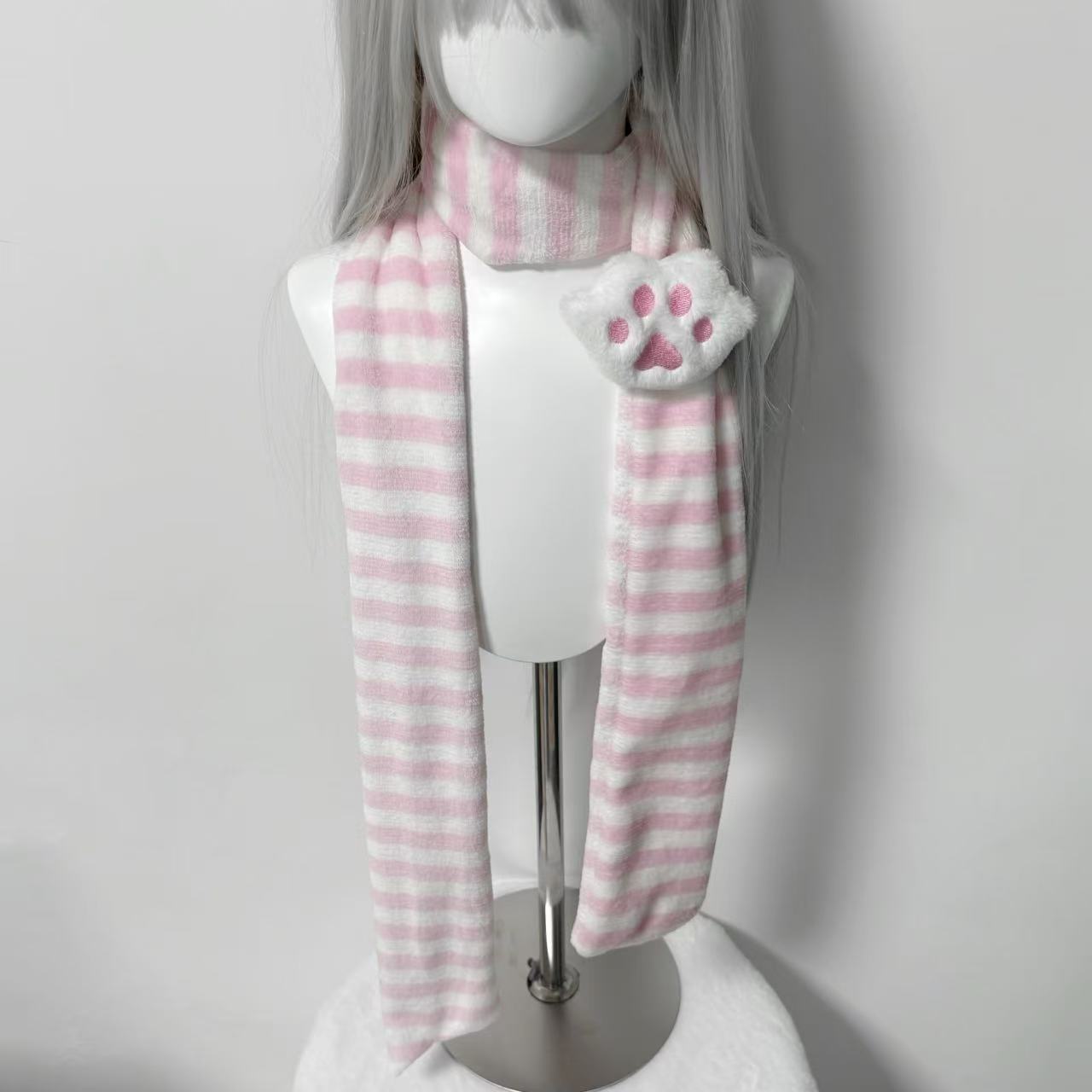 Écharpe pour femmes, bleu rose, à la mode, drôle, style Anime, pour filles, automne et hiver, mignonnes pattes de chat Kawaii, écharpe rayée japonaise polyvalente