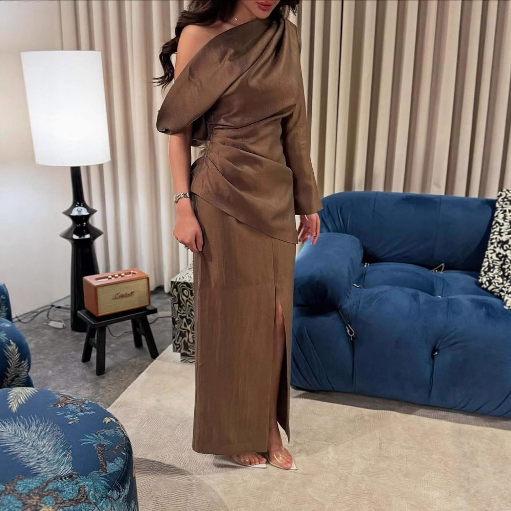 Robe Maxi Chic pour femmes, asymétrique épaule dénudée, drapée, Design fendu, mode élégante, formelle, Cocktail, soirée, robes de dîner