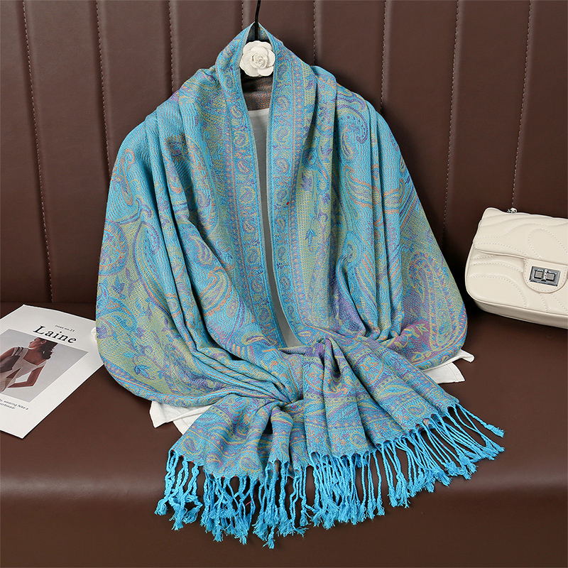 Châle Pashmina Paisley pour Femme, Écharpe Jacquard, Foulards Imprimés Cajou, Bordures de Fleurs, Couverture à Pompons, Châles Ethniques