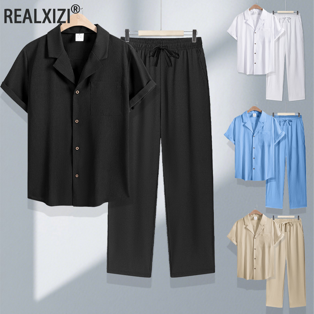 Ensemble chemise et pantalon pour homme, chemise décontractée à manches courtes et pantalon ample, 2 pièces, vêtements décontractés pour homme