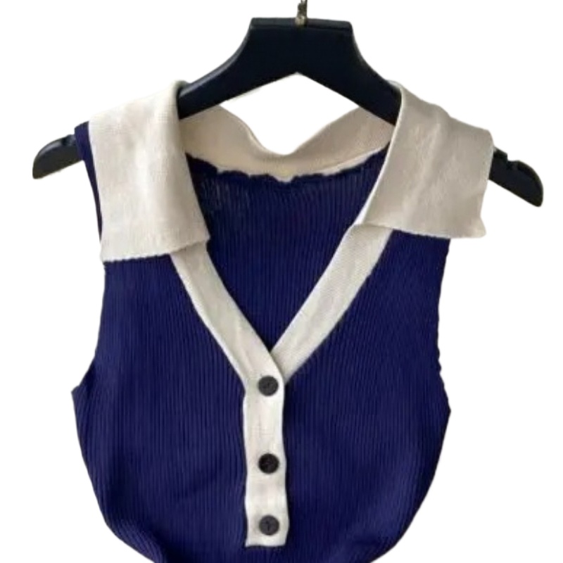 Robe d'été moulante sans manches pour femme, bleu et blanc contrastant, sexy, boutonnée, en maille côtelée extensible, mini-robe de soirée