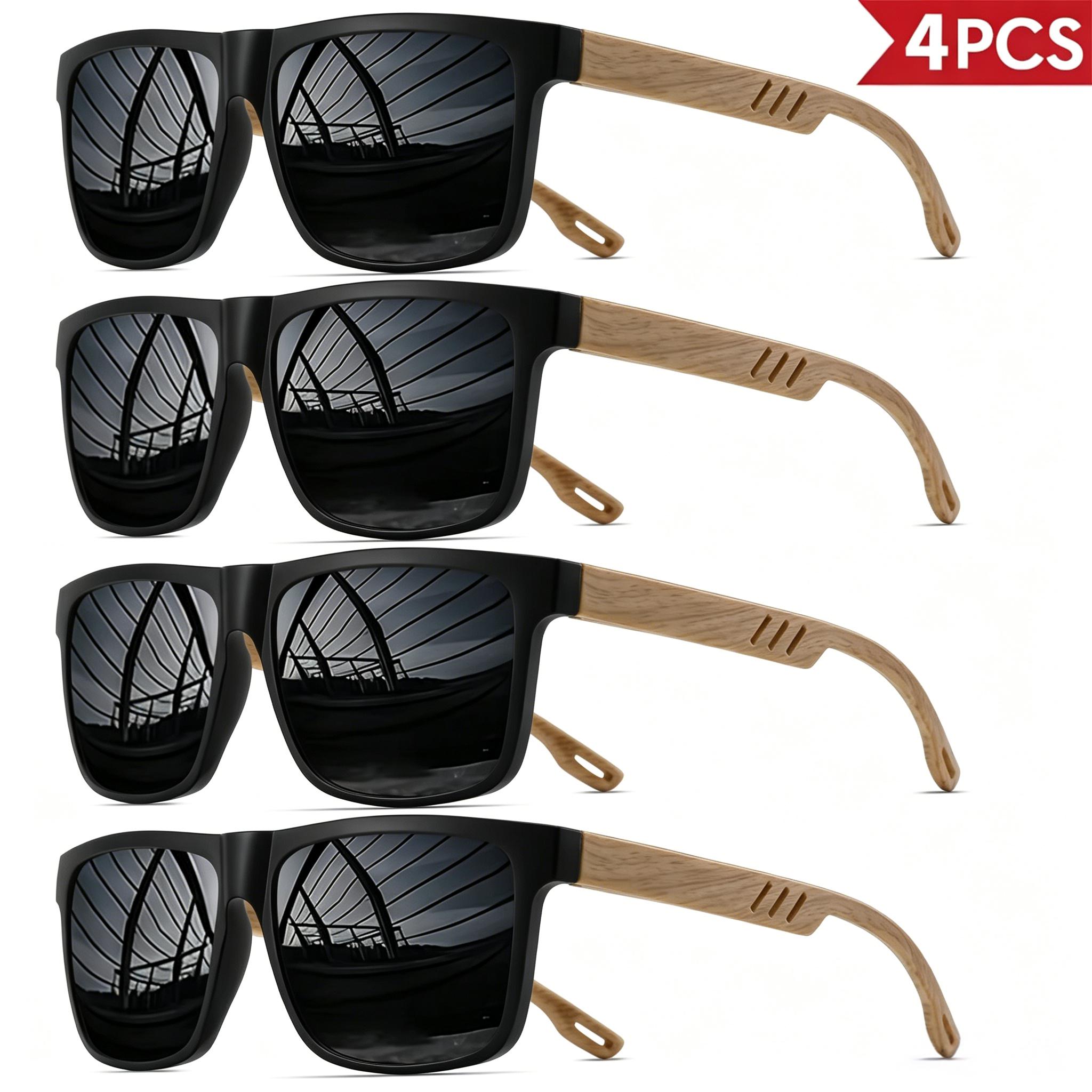 Ensemble de 4 lunettes de soleil style grain de bois – Montures carrées classiques rétro, design confortable unisexe, adaptées à la vie quotidienne et aux activités, style décontracté, lunettes décoratives ordinaires
