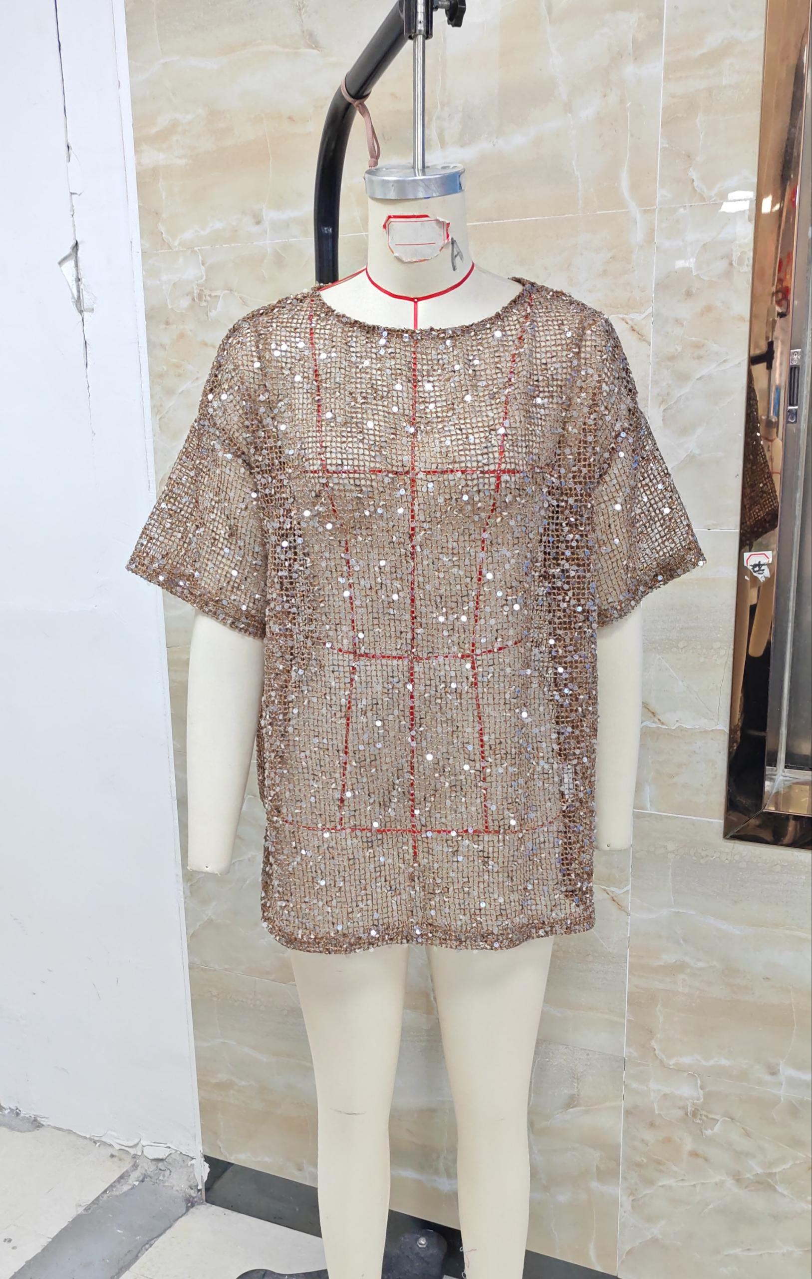 Chemisier Femme Transparent à Paillettes, Col Rond, Manches Courtes, Coupe Ample, Évidé, Nouvelle Collection Décontractée pour l'Été