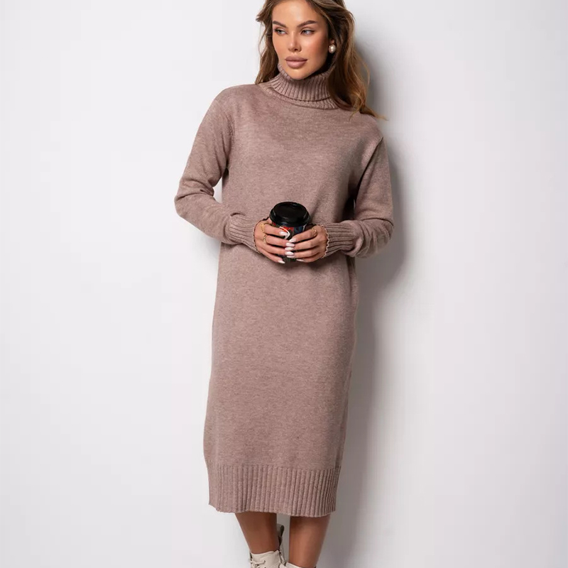 Robe tricotée côtelée à col roulé pour femme, pull basique à manches longues, couleur unie, automne hiver