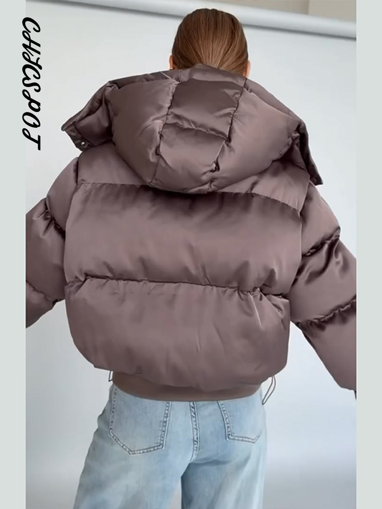 Vestes matelassées pour femmes, à capuche, col montant, fermeture éclair, manteaux courts d'hiver, manches lanternes, veste ample unie, nouvelles vêtements d'extérieur