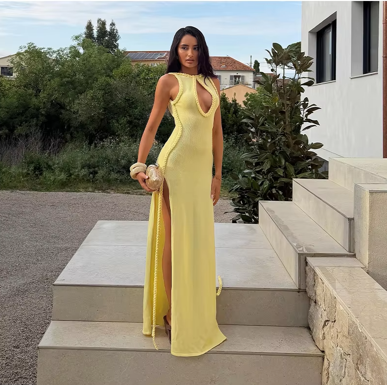 Robe longue élégante pour femme avec fente haute, bordure tressée, sans manches, dos nu, décolleté en clé, couleur unie, robe d'été sexy et tendance