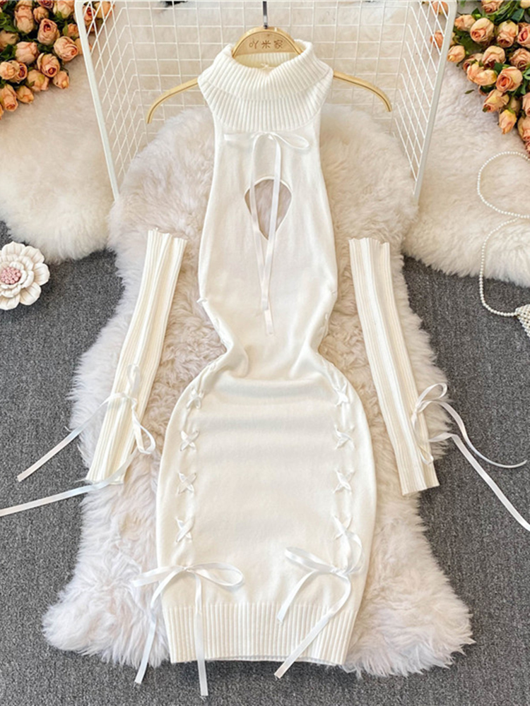 Robe pull sexy à col roulé pour femme, dos nu, sangle de ruban, manches longues, laçage, tambour, tricot, bandage, poitrine ouverte