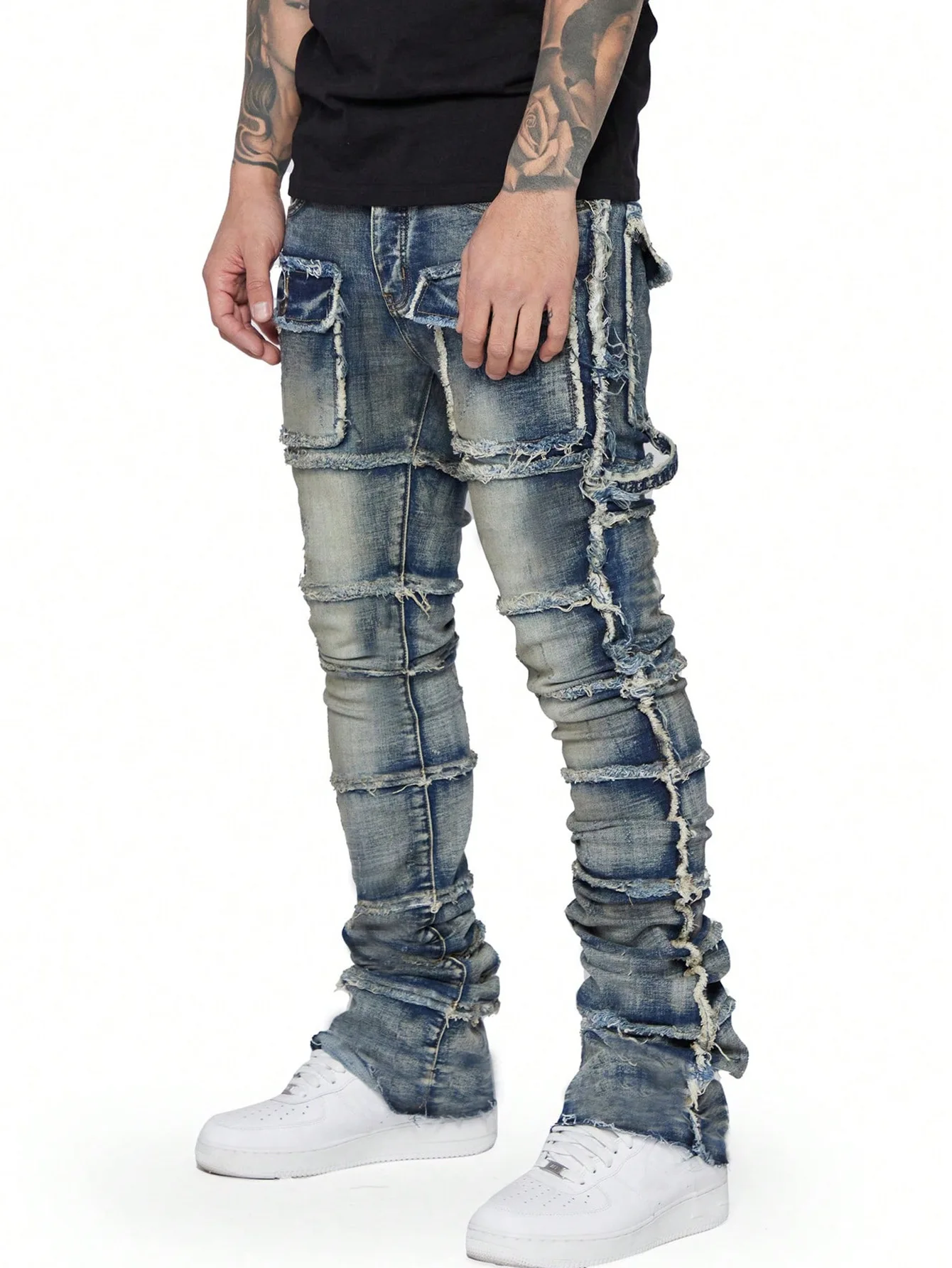 2025 nouveaux jeans pour hommes à la mode, vêtements de travail à la mode européenne et américaine avec patch, élastiques, laminés et légèrement évasés pour hommes