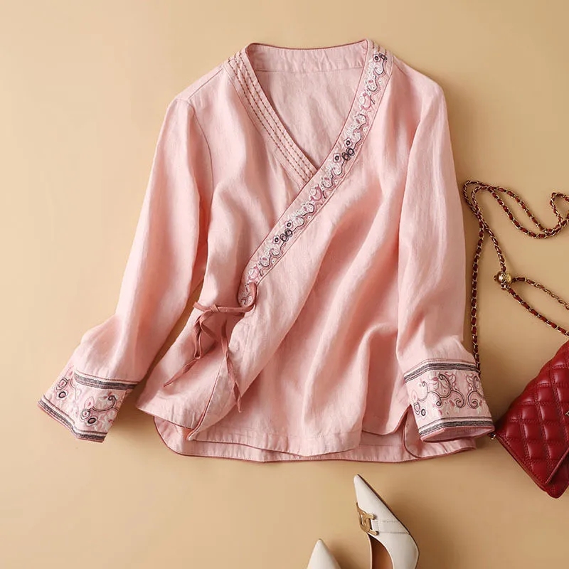 Chemisier en lin et coton de style ethnique pour femme, brodé, à manches 3/4, avec ceinture à nouer, coupe ample et respirante, style rétro décontracté pour le quotidien