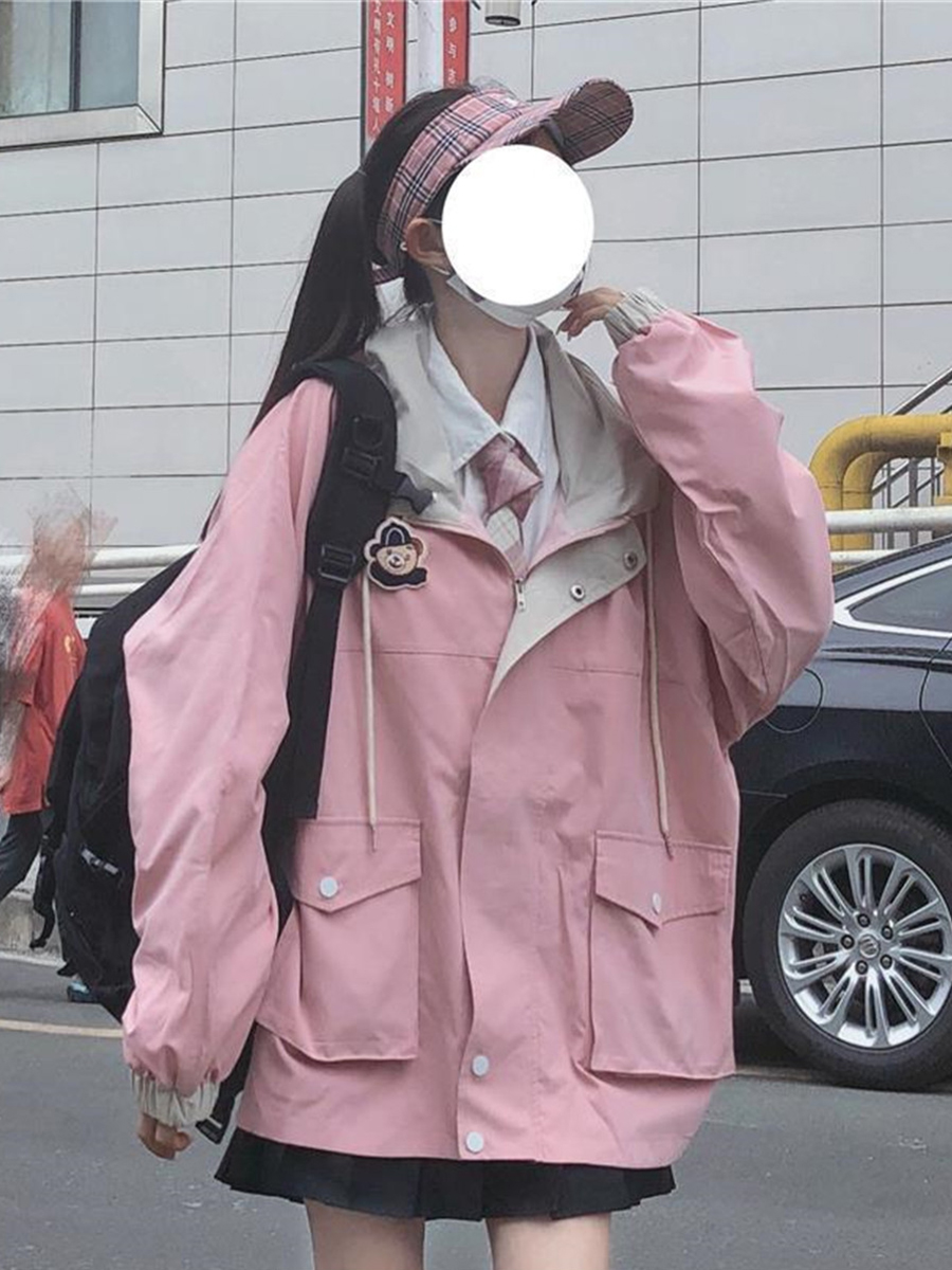 Veste Kawaii japonaise pour femmes, manteau à capuche surdimensionné de Style Preppy rose, mode coréenne, vêtements d'extérieur décontractés pour filles, automne 2023