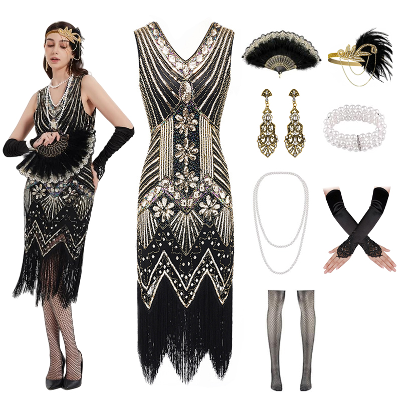 Robes à clapet des années 1920 pour femmes, robe Gatsby à franges et paillettes, accessoires des années 20, Costume rugissant des années 20