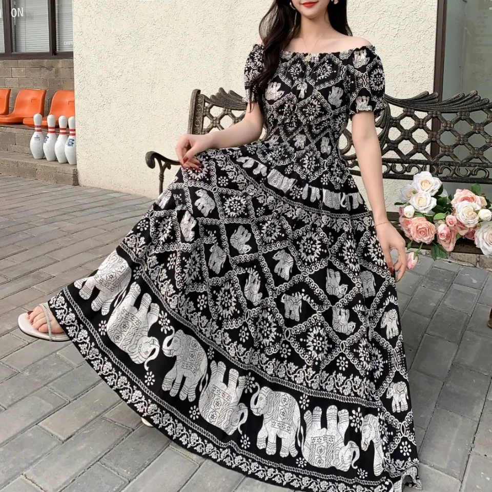 Robes en coton et soie pour femmes, nouvelle robe imprimée taille haute, Slim, en coton artificiel, longue, style bohème, à fleurs, été 2025