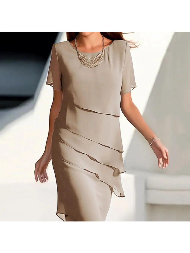 Robe en mousseline de soie à manches courtes pour femme avec superposition de volants à plusieurs niveaux et ourlet asymétrique